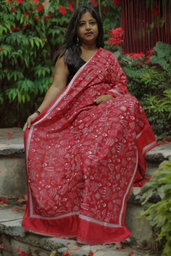 Kantha Folk Dupatta on Silk - Image 2